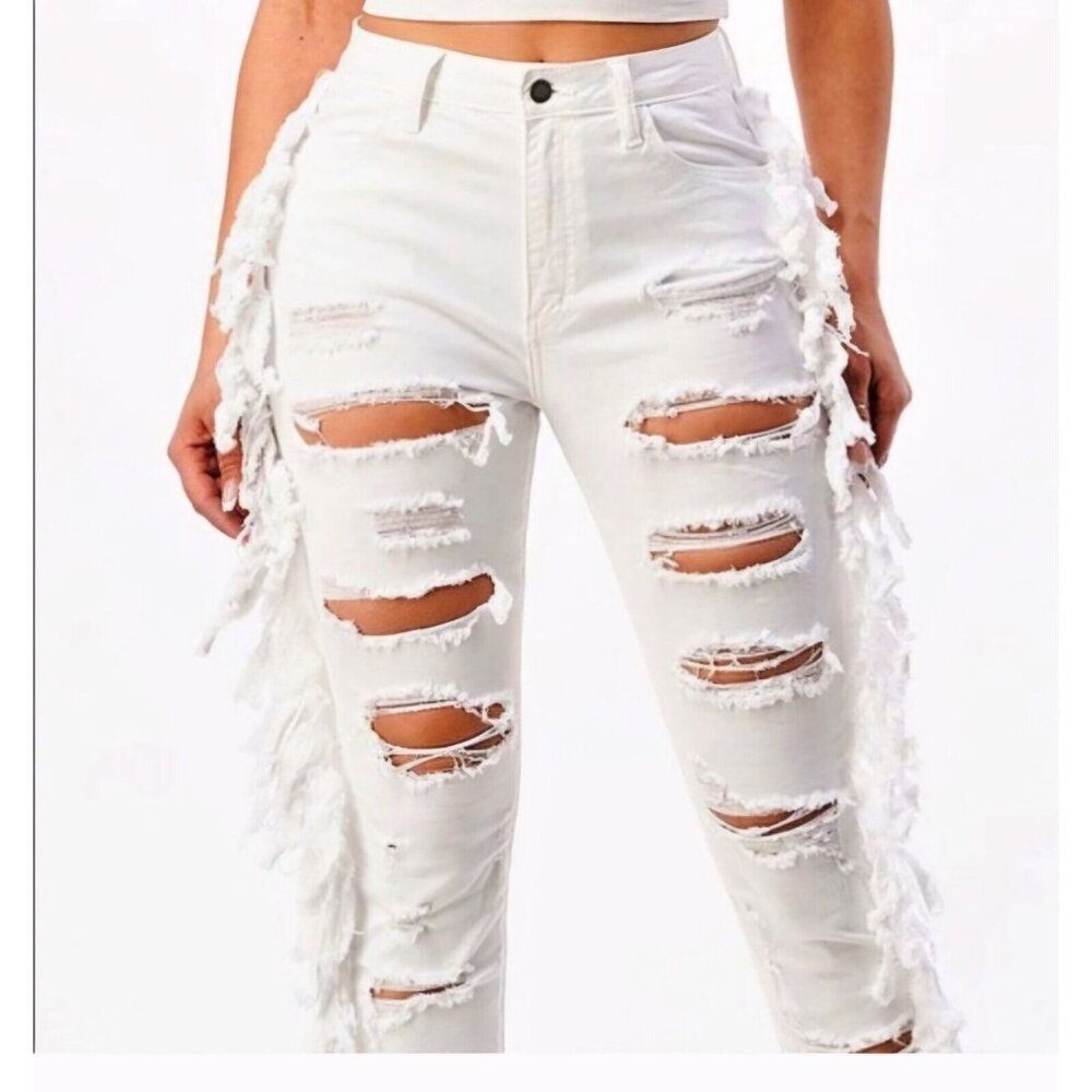 Loverly Fit White Fringe Jeans Pants Distressed Holes Size 11